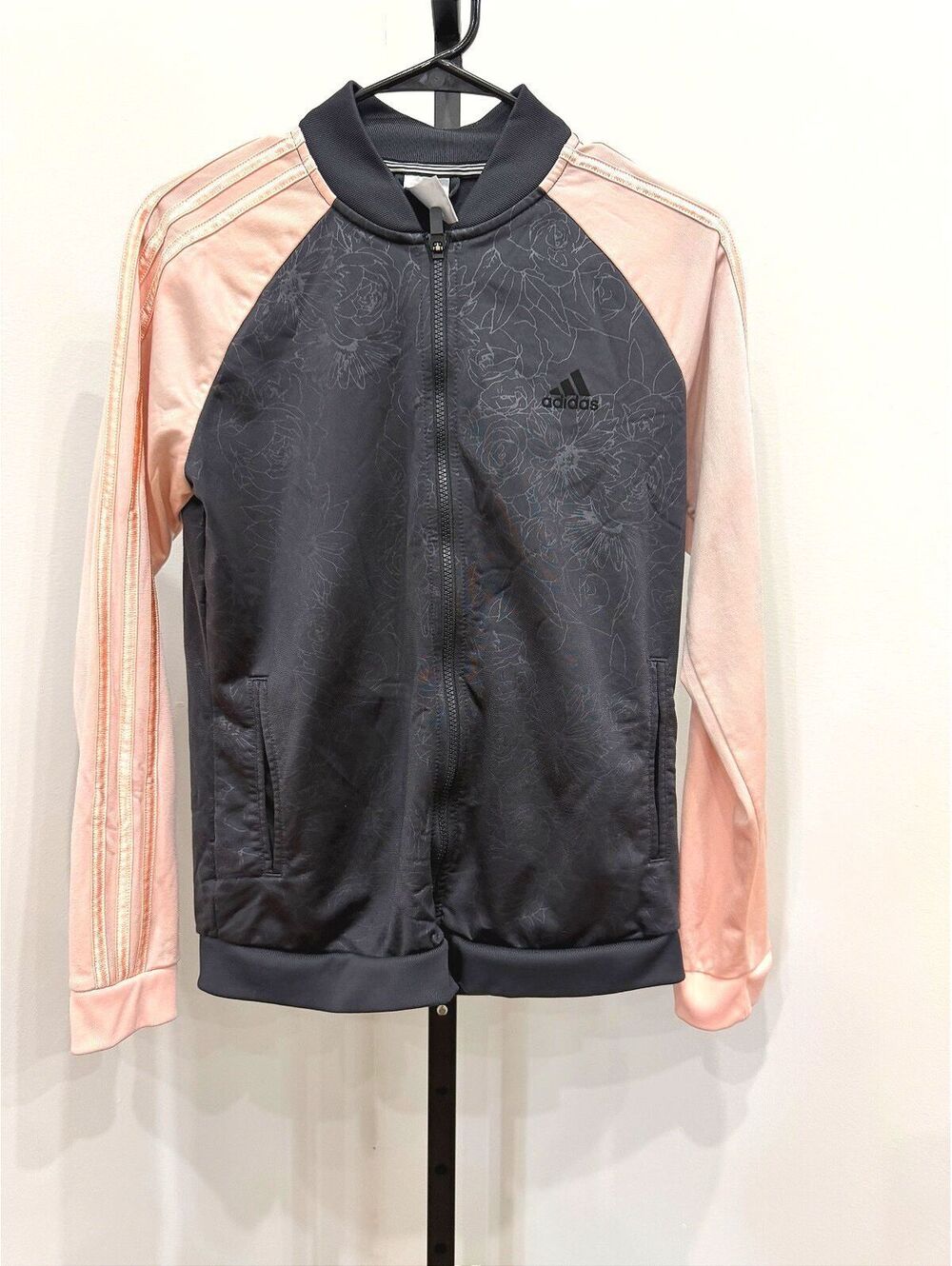 Adidas Women's Track Jacket Black and Pink Floral Design Medium